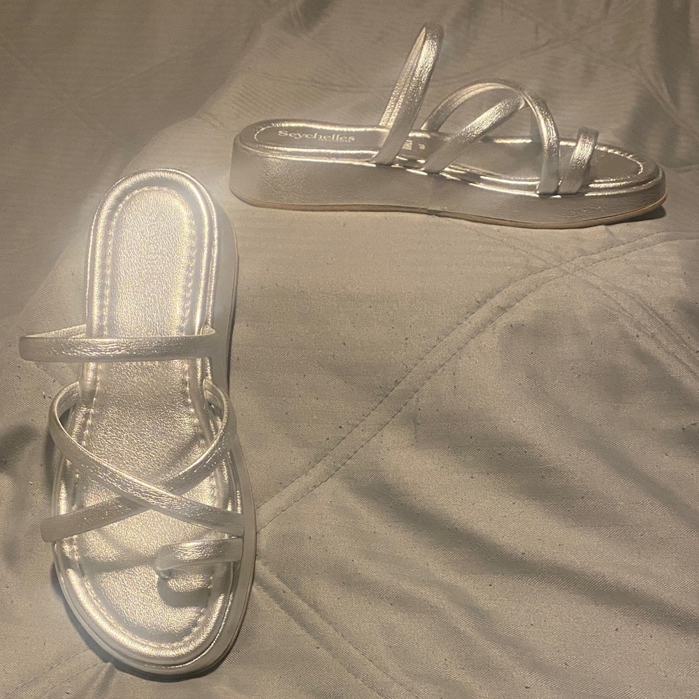 Seychelles Metallic Silver Strappy Leather Slide Sandals Size 6.5
